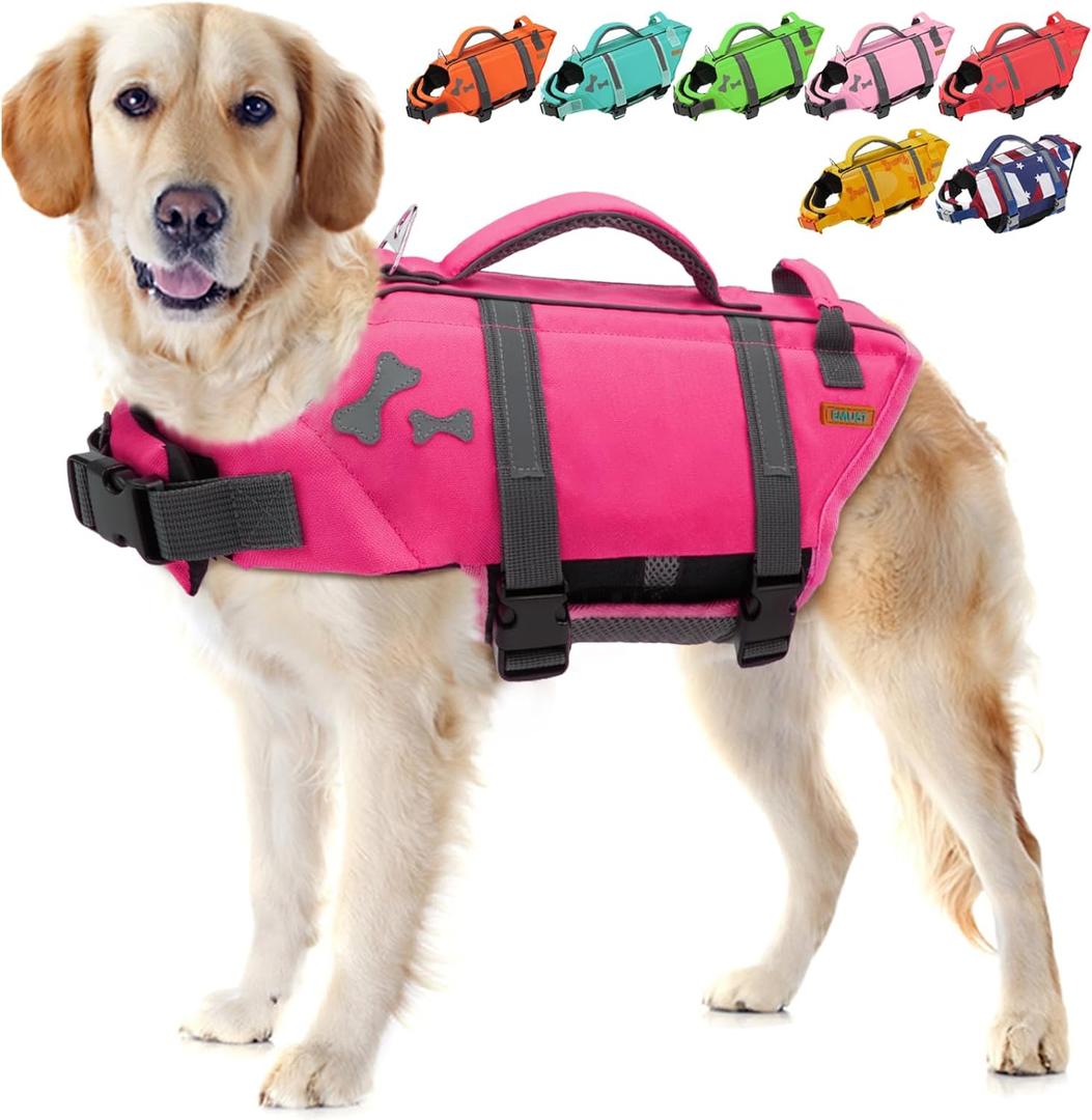 EMUST Dog Life Jacket, Dogs Life Vests for Swimming, Beach Boating Pool with High Buoyancy, Bright Color Dog Flotation Vest, BrightPink, L