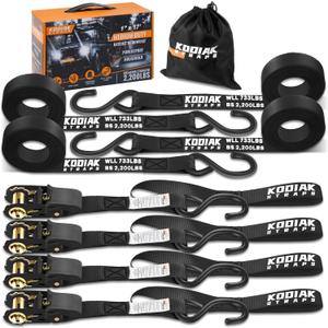 KODIAK STRAPS Ratchet Straps Heavy Duty Tie Down Strap Set 2200 Break Strength  1" x 17' 4pk with Soft Loops Cargo Truck Bed Tie Downs  Coated Deep S-Hook & Carry Bag for Securing Cargo Black