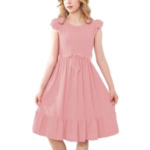 RETSUGO Girls Dresses Ruffle Sleeve Dress Flutter Hem A-Line Swing Pleated Tiered Casual Solid Color Party Dress 6-14 Years (12-13 Years, Pink)