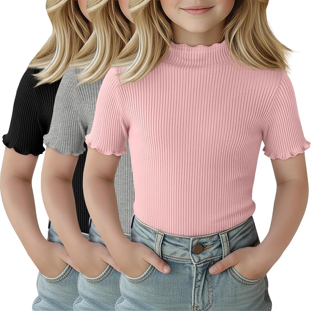 3 Pack Girls Shirts Short Sleeve Mock Turtleneck Cotton Cute Lettuce Trim Summer Tops 5-14Y Kids Clothes