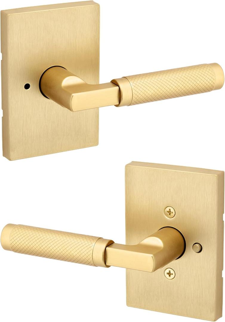 Kwikset Prava Interior Privacy Door Knurled Handle with Lock, Door Lever for Bathroom and Bedroom, Satin Brass, Reversible Keyless Push Button Lock Door Lever, with Microban Protection