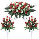 Lodou Artificial Cemetery Flower Saddles for Graves, Cemetery Memorial Flowers with Vase and 2 Memorial Bouquets for Grave Tombstone,Outdoor Grave Saddle Headstone Decorations (Red White)