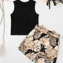 Girls 2 Piece Outfits Summer Sleeveless Ribbed Tank Tops and Floral Shorts Set with Belt Black 13-14 Years