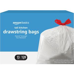 Basics Tall Kitchen Drawstring Trash Bags, Sturdy and Tear Resistant, 13 Gallon, Unscented, 120 Count