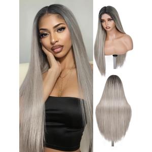 FAVE 26 Inch Grey Wig Ombre Highlight Wigs Straight Grey Wigs for Women Heat Resistant Synthetic Silver Wig Middle Part Colorful Wigs for Festival&Daily&Party Use 280g