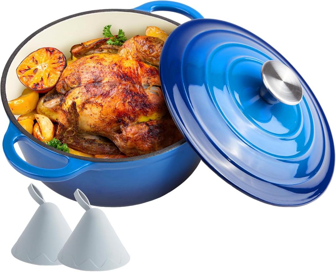 4 Quart Dutch Oven Enameled Cast Iron with Lid - Big Dual Handles - Oven Safe up to 500F - Classic Round Pot for Versatile Cooking Blue
