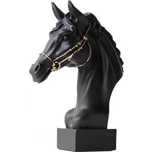 Horse Head Statue Resin Sculpture, Artistic Equestrian Home Decor Showpiece for Living Room Shelf Desk (Black Version)