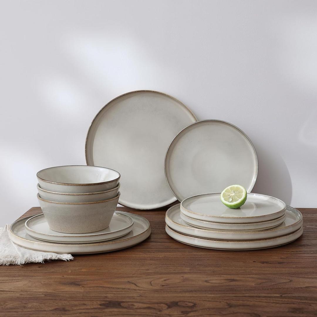 Famiware Annecy Plates and Bowls Sets, Stoneware Dinnerware Sets for 4, 12 Pieces Dish Set with Lipped Edges, Chip and Scratch Resistant, Microwave and Dishwasher Safe, Grey-White