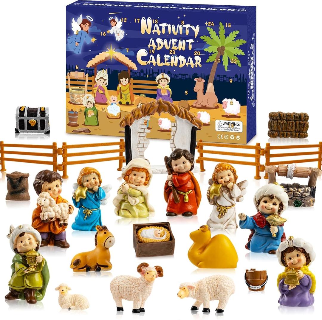 Nativity Advent Calendar 2025, 24pcs Resin Nativity Scene Figurines Set for Men Women Christmas Advent Countdown Calendar Christian Religious Gifts for Kids (Yellow)