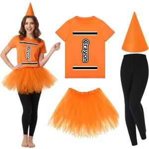 Mepase 4 Pcs Crayon Costume Set Crayon T Shirt Tutu Skirt Gnome Cone Hat Leggings for Women Group Team Outfit (Medium, Orange)