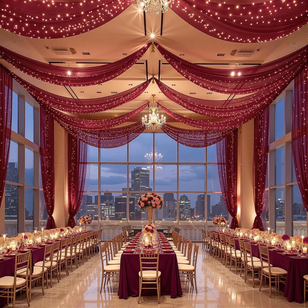 6 Panels Burgundy Ceiling Curtains with Lights for Weddings - 5ftx30ft Wrinkle-Free Tulle Fabric Wedding Arch Draping Ceiling Drapes Decorations for Wedding Party Ceremony Stage Tent Event, 60"W x 360"L