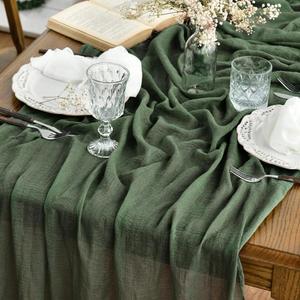 Artoid Mode Boho Cheesecloth Gauze Forest Green Wedding Table Runner, 160 Inch Seasonal Fabric Kitchen Dining Holiday Table Decor for Home Party Indoor