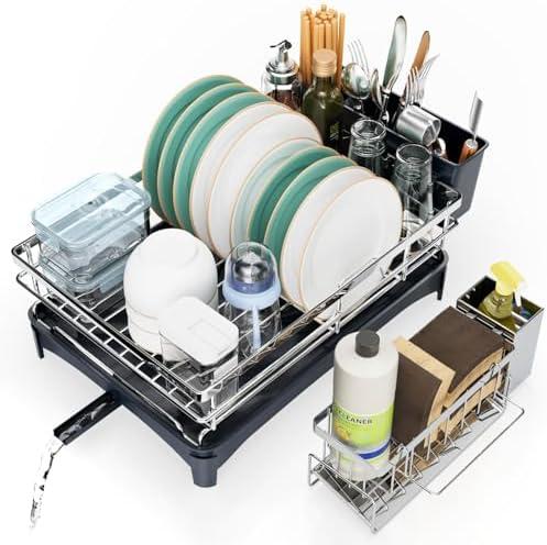 Dish Drying Rack, 304 Stainless Steel Dish Racks for Kitchen Counter with Cutlery Holder & Sponge Holder, Large Dish Drainer with Removable Drainboard, 11.8''W x 16.7''L (Stainless Steel)