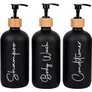 Glass Shampoo and Conditioner Pump Bottles Soap Dispenser Bamboo Pump Head Empty Glass Refillable Shampoo Conditioner Body Wash Soap Bottles for Bathroom, 17 oz, 3 Pack, Black