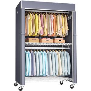 FUTASSI White Clothing Rack with Grey Cover, P1C Plus Rolling Closets with Wheels, Metal Garment Rack for Hanging Clothes, Clothing Storage Wardrobe, 46" W x 18.5" D x 80.7" H, Load 524 Pounds