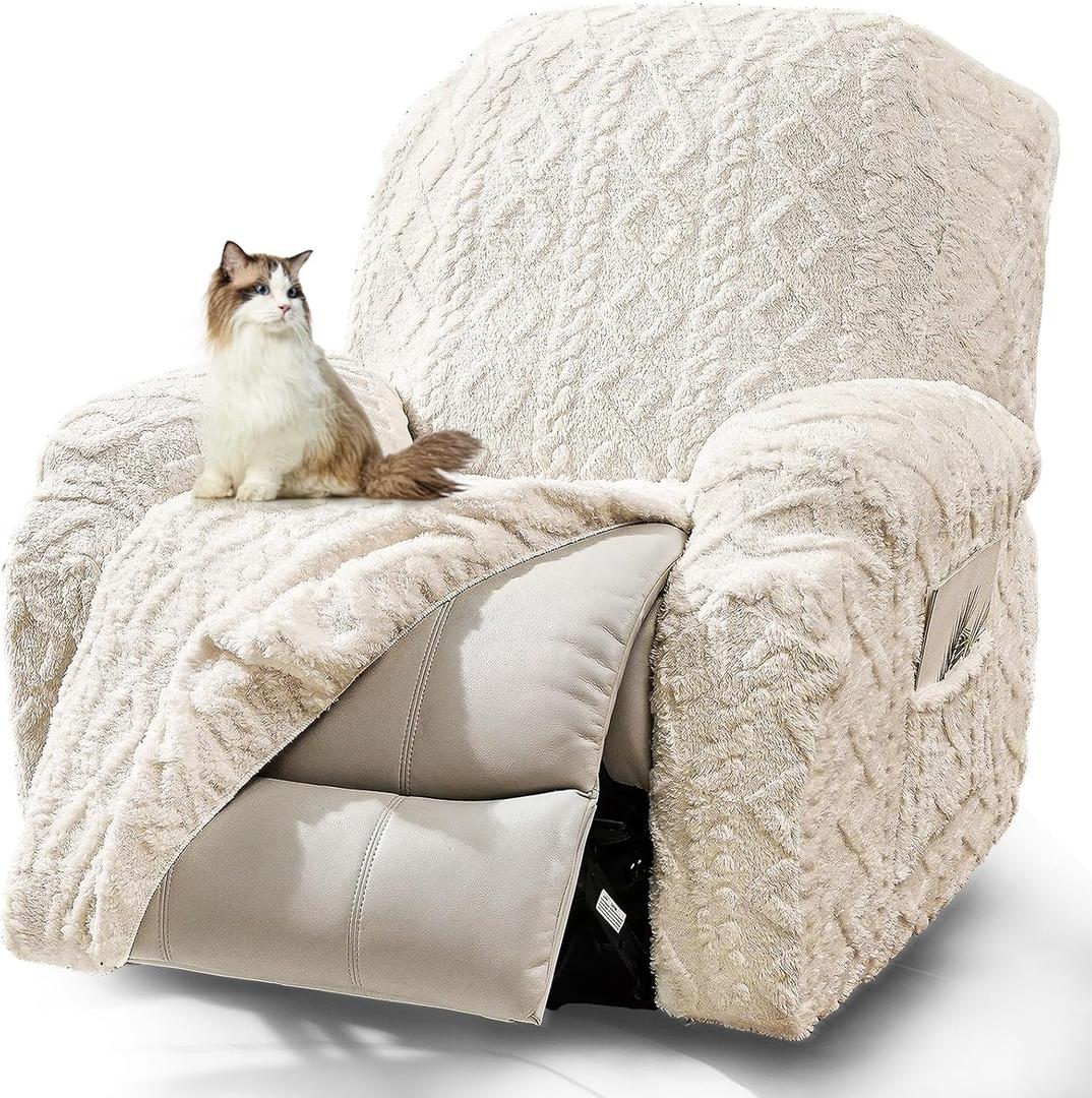 JOKIVTOU Recliner Chair Covers 4-Pieces, Soft, Stretchable, White, Modern Home Decor, Furniture Protector with Elastic Straps Bottom, Storage Pocket on Arm Cover