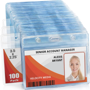 Mifflin-USA Horizontal Zipperless ID Badge Holder (Clear, 3.5x2.25 Inch, 100 Pack), Quick Load Plastic Name Card Pouch in Bulk