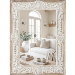 H HOMEWINS Rustic Rectangle Mirror,22x30 Wooden Farmhouse Mirrors,Carved Boho Bathroom Wall-Mounted Nature Beads Decor Mirror for Bedroom, Living Room,Vanity,Entryway,Over Sink