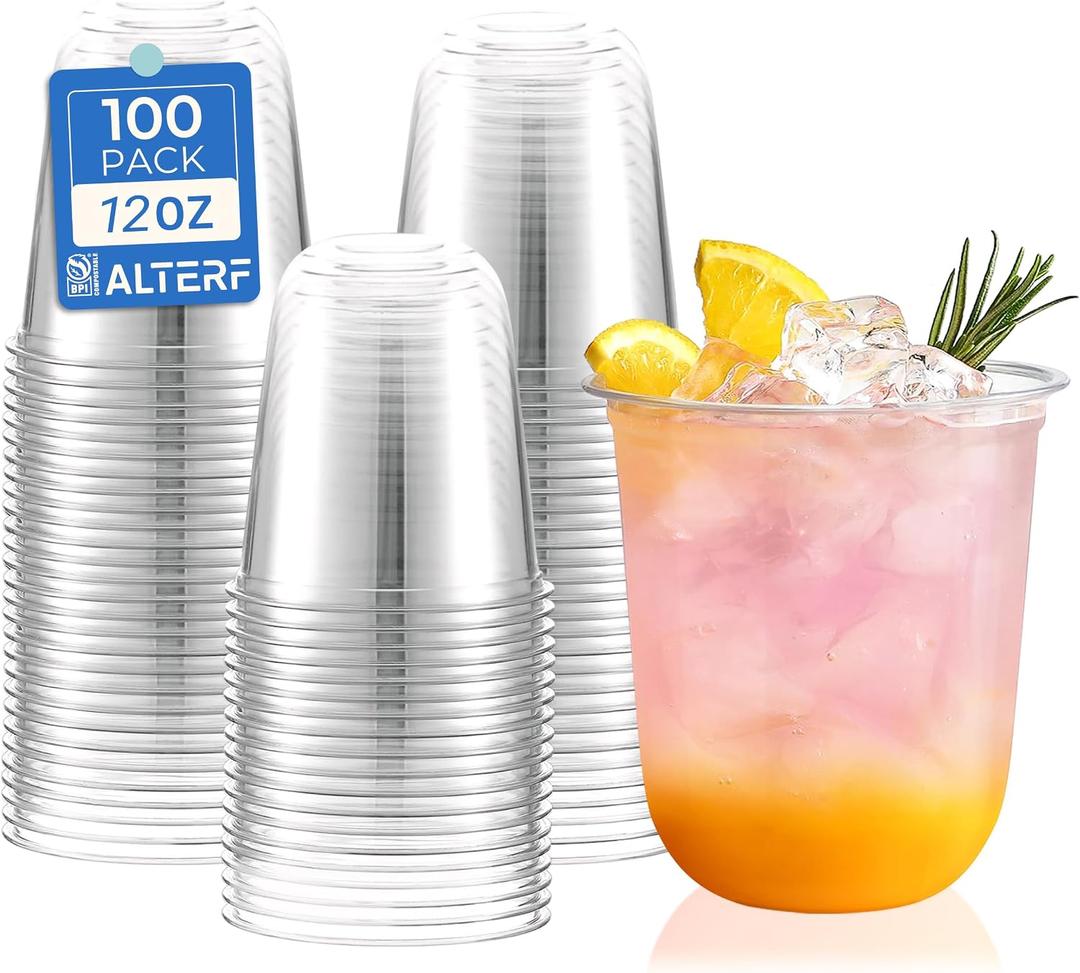 Compostable Clear Plastic Cups,12 oz Biodegradable Disposable Cups, Plant-Based Plastic Cold Cups for Juice, Wine, Parties, Weddings, and Daily Use-100 Pack, Medium