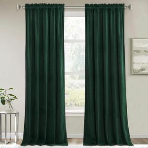 RYB HOME Green Velvet Curtains & Drapes - Room Darkening Soft Window Curtains Thermal Insulating for Bedroom Living Room Dining Sliding Glass Door, Hunter Green, 52" Width x 90" Length, 1 Pair