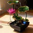AOZITA Tabletop Fountain, Indoor Waterfall Fountain, Tall Home Décor Zen Relaxation Soothing Sound Machine for Office, Living Room, or Bedroom, Green Metal Lotus with Flower, River Rocks, LED
