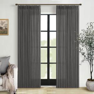 Pinch Pleated Charcoal Grey Linen Curtains 84 Inches Long 2 Panels Set for Living Room Bedroom Dining Pinch Pleat Back Tab Light Filtering Farmhouse Neutral Dark Gray Window Curtain Drapes W50xL84