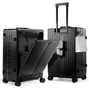 UrbanExplorer 24 Inch Check-In Aluminum Frame Luggage, ABS+PC Hard Shell Suitcases with Spinner Wheels TSA Approved Checked Luggage, Zipperless Suitcases with Cup Holder, Black