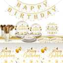 Vesici 171 Pcs Happy Birthday Party Supplies 24 Set Disposable Party Tableware include Plates Cups Napkins Cutlery and Banner Tablecloth Birthday Dinner Decorations for Men Woman(White, Gold)