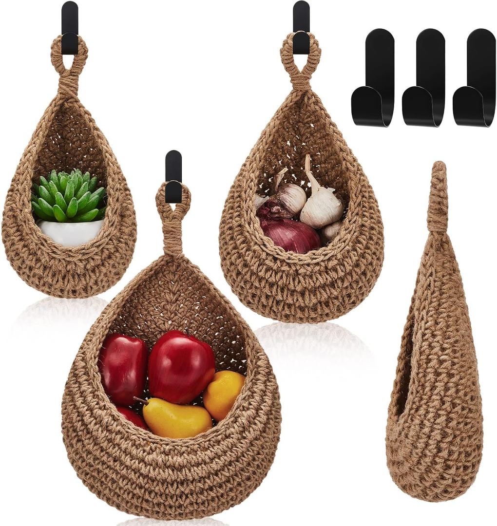 Honeydak Boho Decor Hanging Wall Baskets for Kitchen 3 Pack Teardrop Baskets with Hooks Storage Fruit Onion Vegetable Potato for Home 3 Sizes(Linen, Hemp Rope)