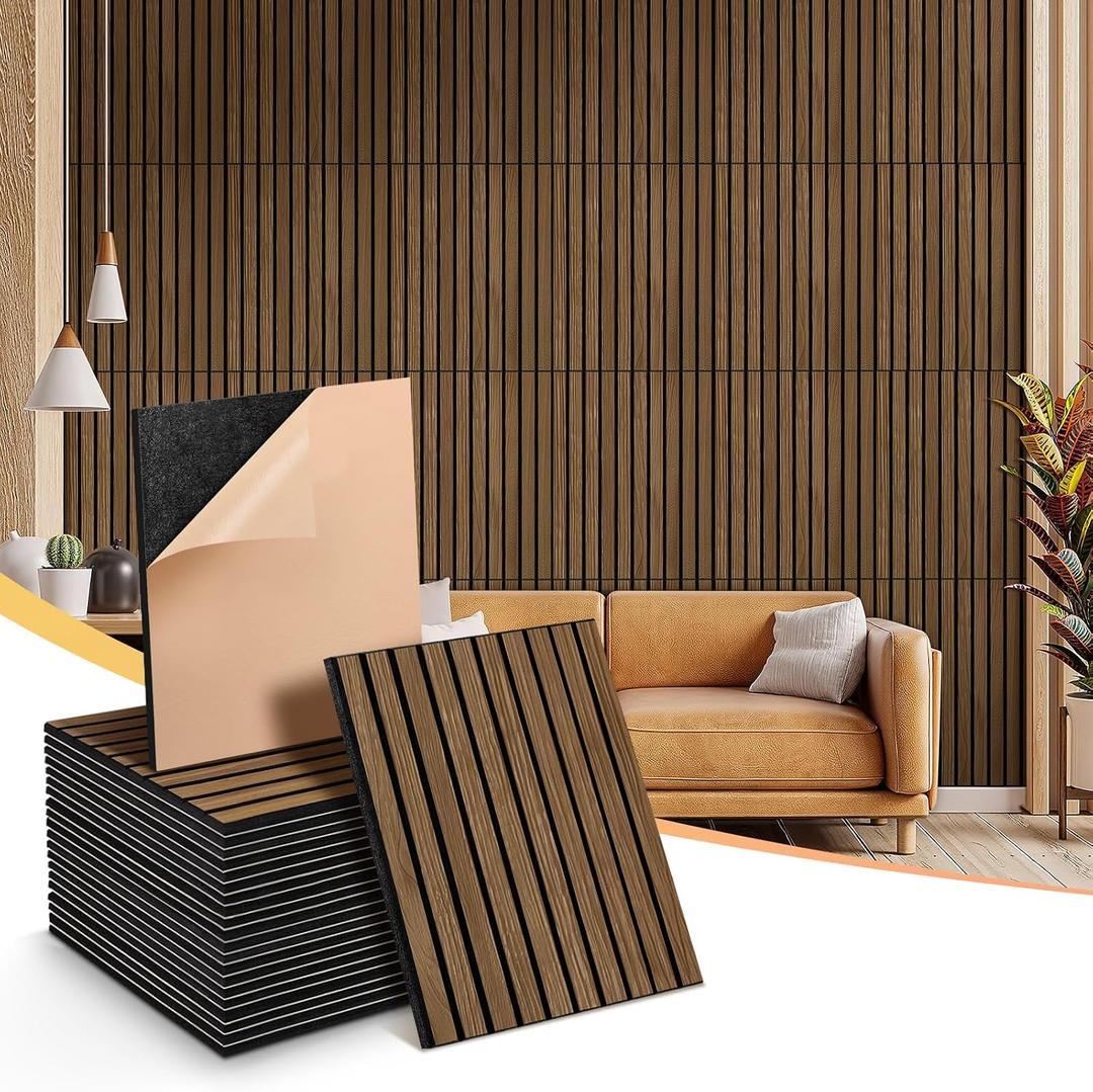 Acoustic Wall Panels 24 Pack, Covers 32 Sq Ft - 16"x12"x0.4" Self-Adhesive Walnut Soundproof Panels for Home Studio & Professional Office