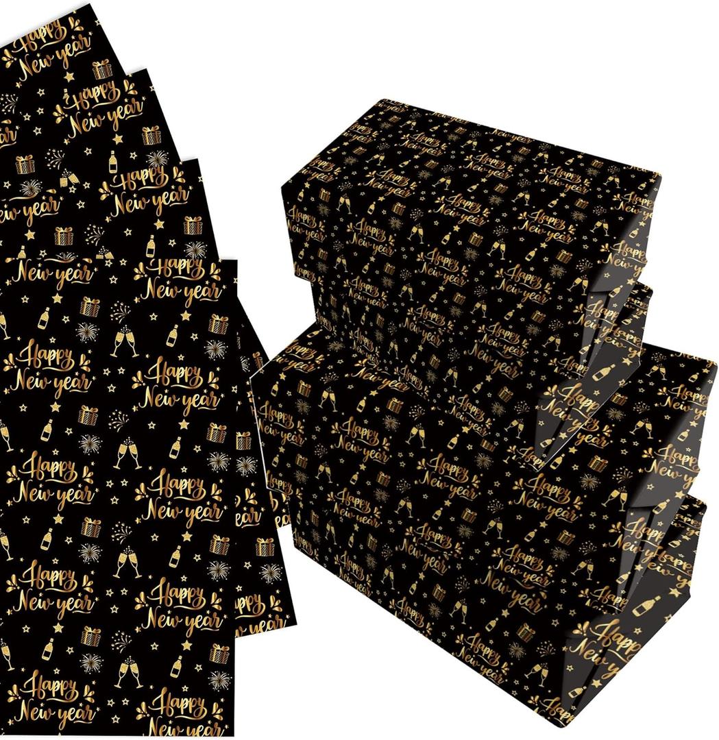 littkeef cliaet Happy New Year Pattern Wrapping Paper Set, 12 Sheets New Year Gift Wrap Black Gold Gift Wrap News Years Party Decoration 20'' x 27''