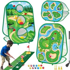 4-In-1 Kids Sticky Golf Games Set With Club, Golf Putting Practice Mat,3-Sided Golf Chipping Net, Multiple Game Modes, Golf Cornhole Board Set, Indoor & Outdoor Golf Practice For Kids & Adults