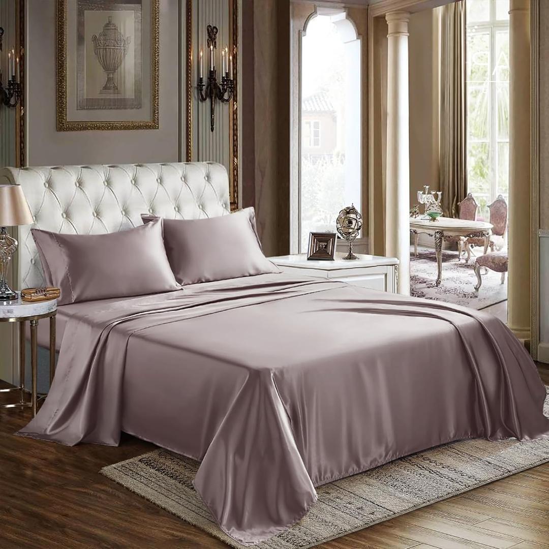CozyLux Satin Sheets King Size Sheet Set - 4 Piece Silky King Sheets, Luxury Dusty Purple King Bed Set with Smooth and Soft Microfiber, Includes 1 Fitted Sheet, 1 Flat Sheet and 2 Pillowcases