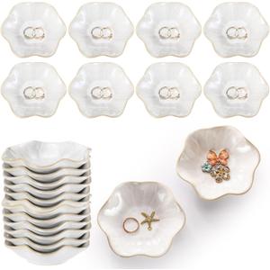 Teenyyou 8 Pcs Ceramic Trinket Dish Lotus Leaf Jewelry Tray Small Ring Dish for Earrings, Rings, Jewelry Holder, Key Bowl(White)