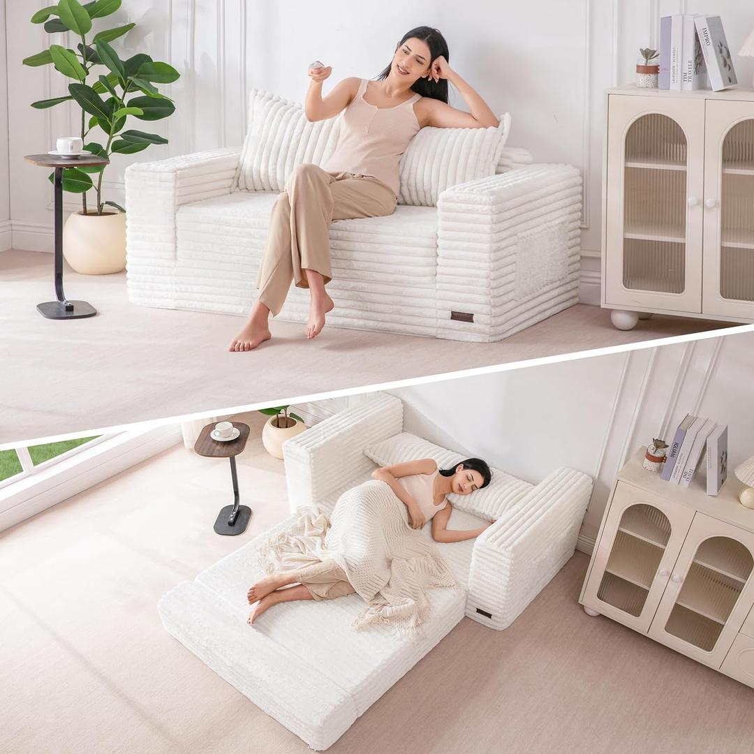 MAXYOYO Convertible Sofa Bed, 2 in 1 Folding Couch Bed for Small Space, Pull Out Loveseat Sleeper Sofa Couch with Large Back Pillow, Plush Faux Fabric Lounge Couch for Living Room, Apartment, Beige