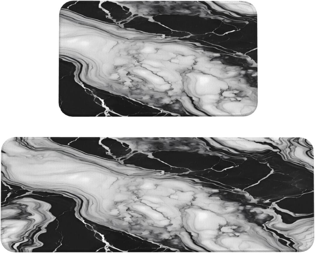 White and Black Marble Texture Kitchen Rugs Microfiber Floor Mats Marbling Cushioned Carpet Runner Rug for Laundry Bathroom Living Room, 2 Piece Set 17"X 47" + 17"X 30"