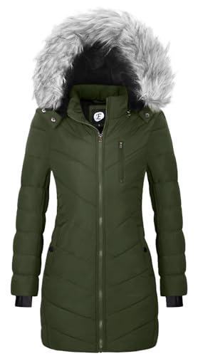 FASRYKOC Women’s Lightweight Puffer Jacket Hooded Puffer Coat With Removable Faux Fur Trim Winter Long Coat XX-Large Army Green
