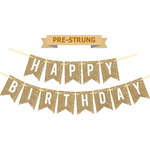 Netnology Pre-Strung Gold Happy Birthday Banner Decorations,12 ft No DIY Gold Glitter Birthday Party Banner Sign Decor for Women Men Girl Boy Party Supplies