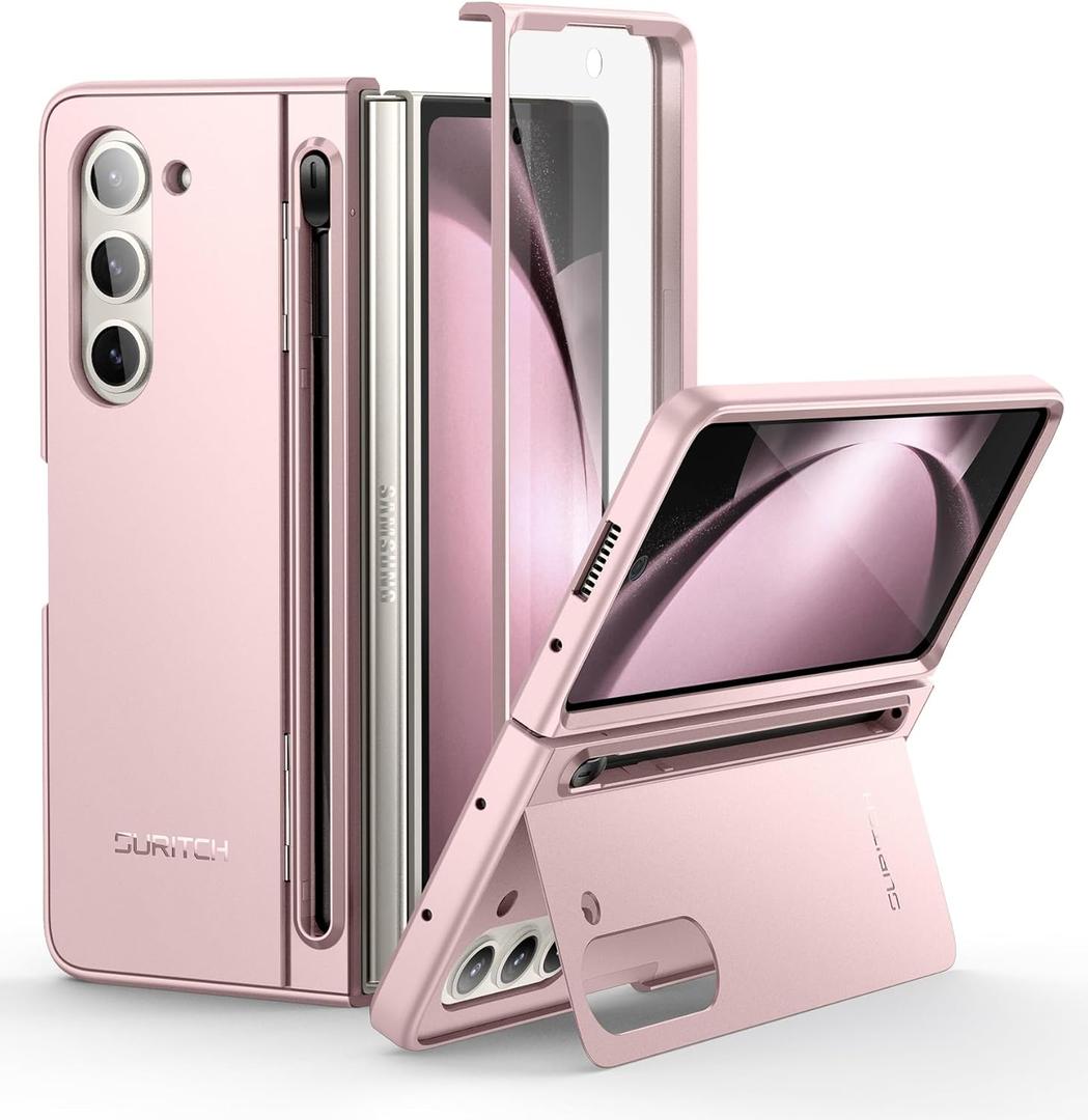 SURITCH for Samsung Galaxy Z Fold 5 Case with Kickstand and S Pen Holder [S Pen NOT Included], Phone Case for Z Fold 5 2023 -Light Pink