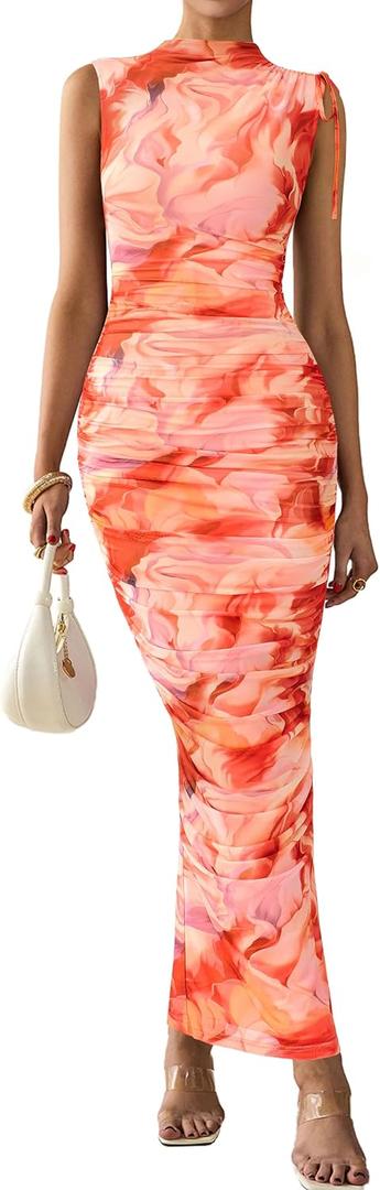 PRETTYGARDEN Women's Summer Maxi Floral Dresses Ruched Bodycon Sleeveless Mesh Formal Wedding Guest Cocktail Split Long Dress, Large