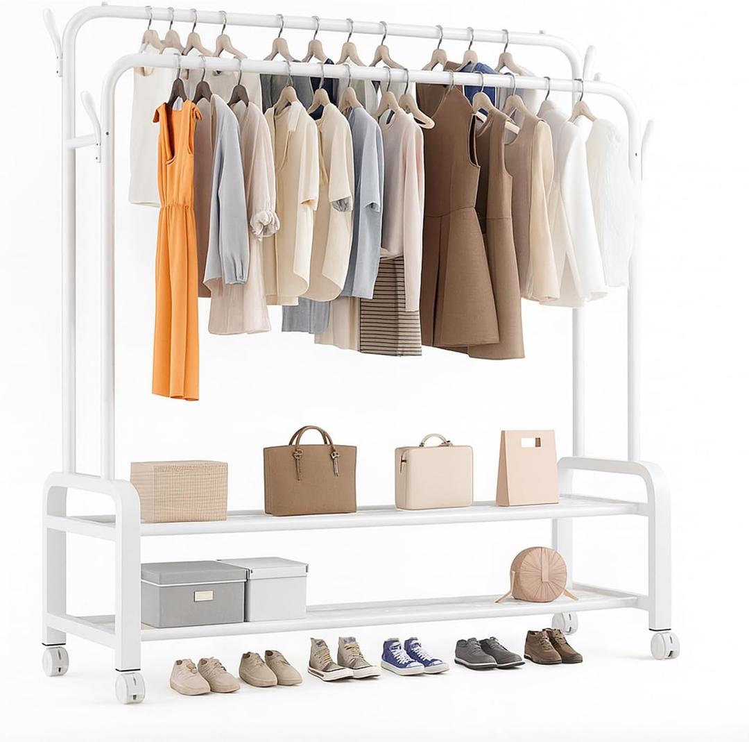 Heavy Duty Coat Rack, Garment Rack & Clothes Rack with Wheels, Freestanding Double Rod Clothing Racks for Hanging Clothes with 2-Tier Shelf & Closet Rack Organizer for Bedroom Entryway (White)