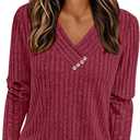 PRETTYGARDEN Women's Long Sleeve Shirts 2026 Fall Fashion Clothes Ribbed V Neck Spring Loose Tunic Tops Lightweight Sweaters (X-Large, Burgundy)