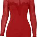 Womens Long Sleeve Bodycon Mini Dress Mock Neck Sheer Mesh Patch Night Out Party Short Dress (Red, L)