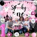 Halloween 1st Birthday Party Decorations for Girl Spooky One Backdrop Pink Black Hot Pink Balloons High Chair Banner Cake Topper for First Birthday Party Supplies