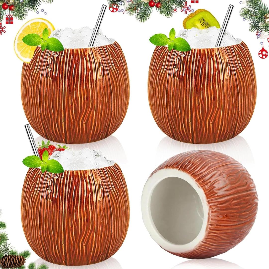 LINALL Ceramic Coconut Shape Mug For Gifts Cups And Mugs Collections New Year Decoration Tiki Mug (520ml/17oz) (4 pack)