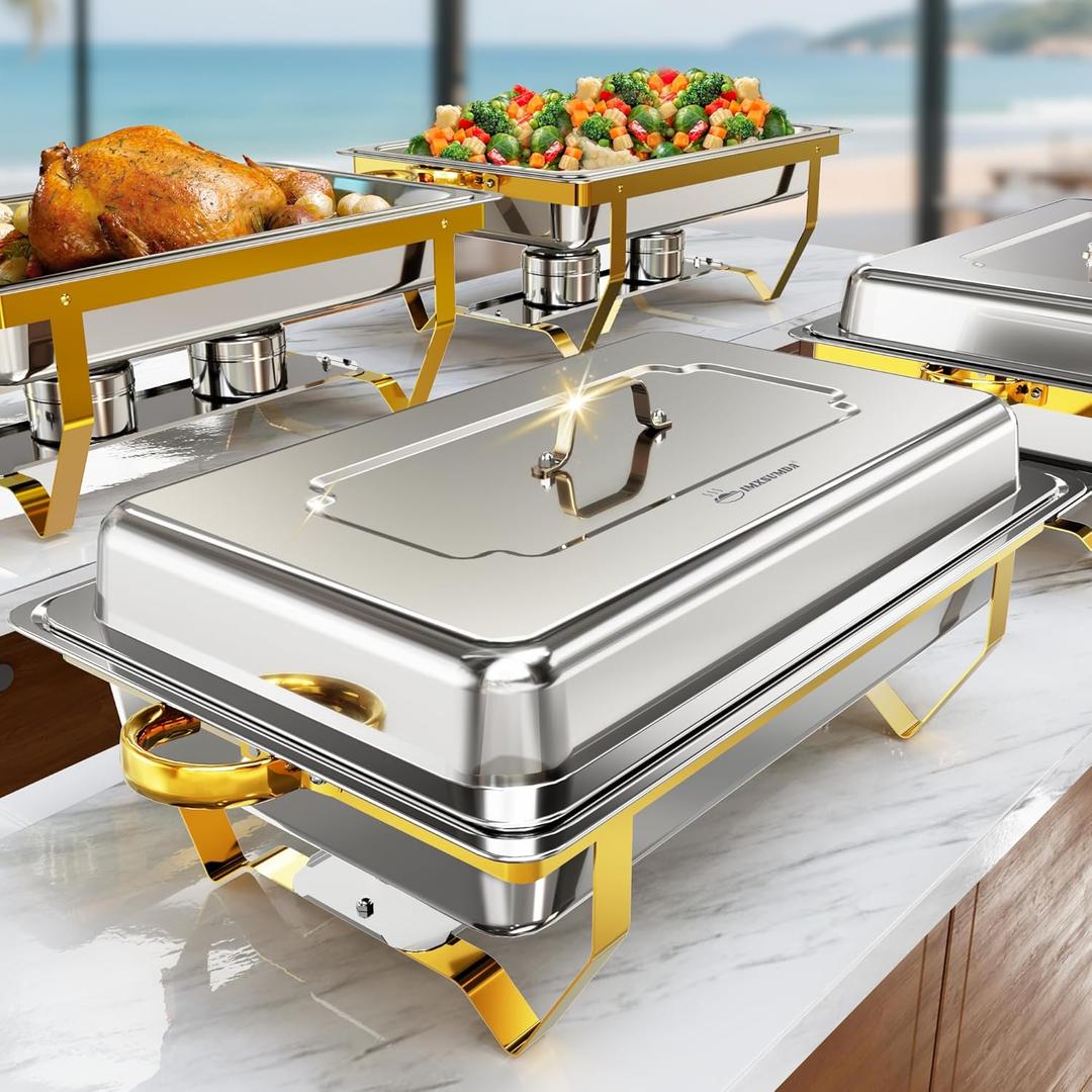 Chafing Dishes for Buffet 4 Pack, 9.5 QT Chafing Dish Buffet Set, Stainless Steel Chafers and Buffet Warmers Sets for Parties Wedding, Rolled-Edge Design Buffet Servers with Gold and Silver