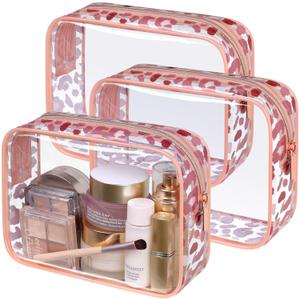F-color TSA Approved Toiletry Bag 3 Pack Medium - Clear Makeup Bag Travel Quart Size for Women Men, Clear Cosmetic Bag Airport Airline Compliant Carry on Bag, Leopard Print