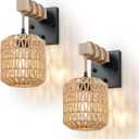 Rattan Boho Wall Sconces Set of Two, Hardwired Hand-Woven Farmhouse Wall Lamps with Wooden Arm & On/Off Dimmable Switch,Large Rustic Indoor Wall Mount Light Fixtures for Bedroom Nursery Bathroom (2 Pack)