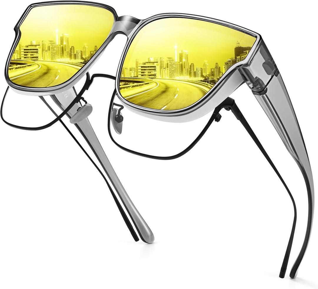 URUMQI Night Vision Glasses Fit Over Eyeglasses for Women Men, Anti Glare Polarized NightTime Glasses Oversized Yellow Lens (02 Transparent Grey Frame/Night Vision Lens)