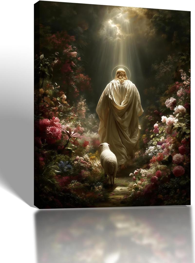 Framed Jesus and Lamb Canvas Wall Art Jesus In The Garden Religious Art Painting Christian Poster Decorative Painting Spiritual Faith Picture Gallery Style Print Home Decor 16x24Inch Ready To Hang